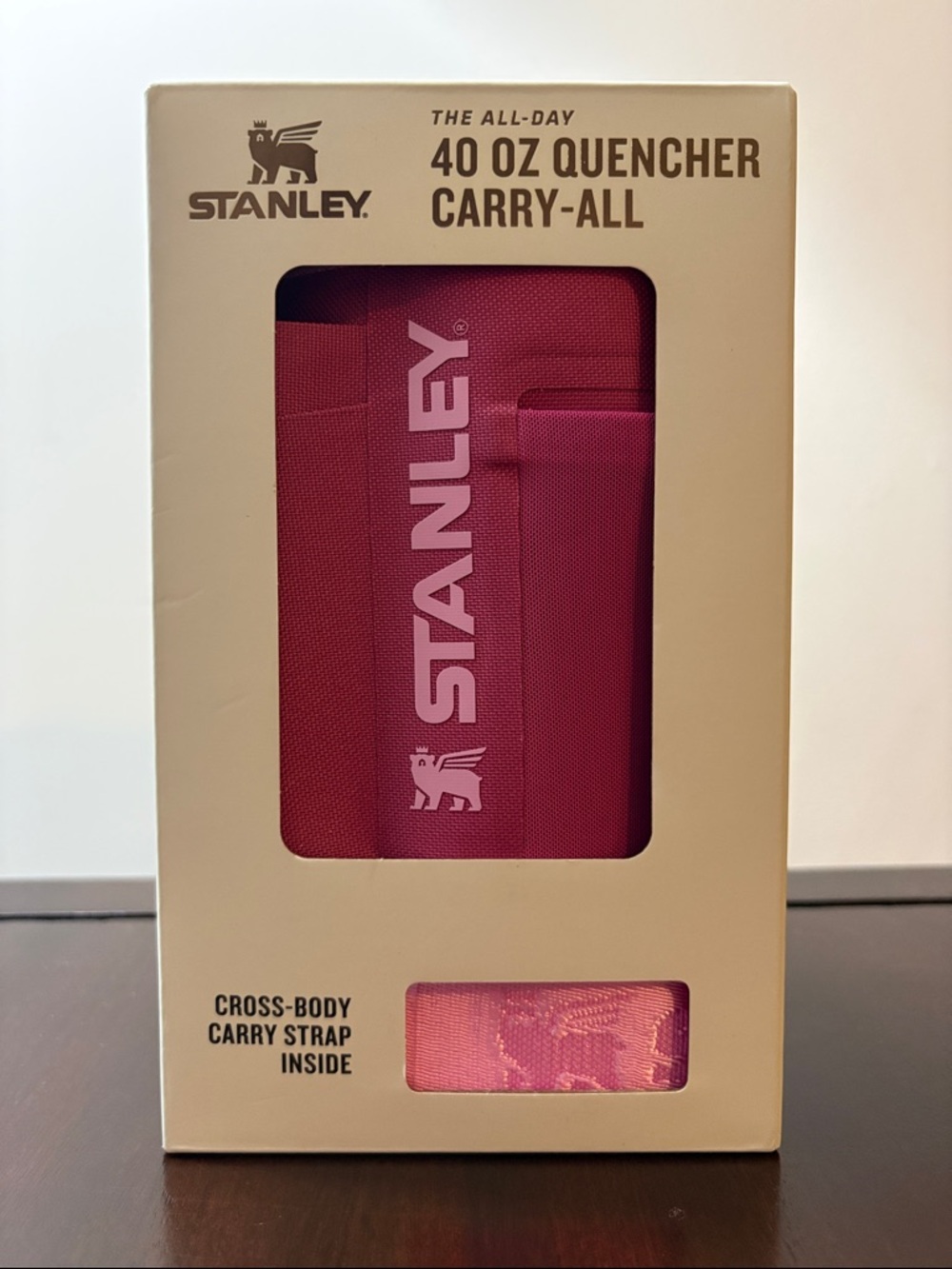 The All Day Stanley 40 oz Quencher Carry-All - Pink with cross-body carry strap